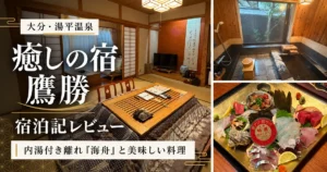 癒しの宿 鷹勝の海舟の客室、内湯、活造りを組み合わせた宿泊記アイキャッチ